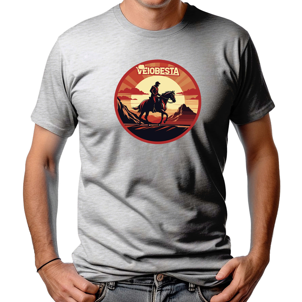 CAMISETA MASCULINA CAVALO NO POR DO SOL