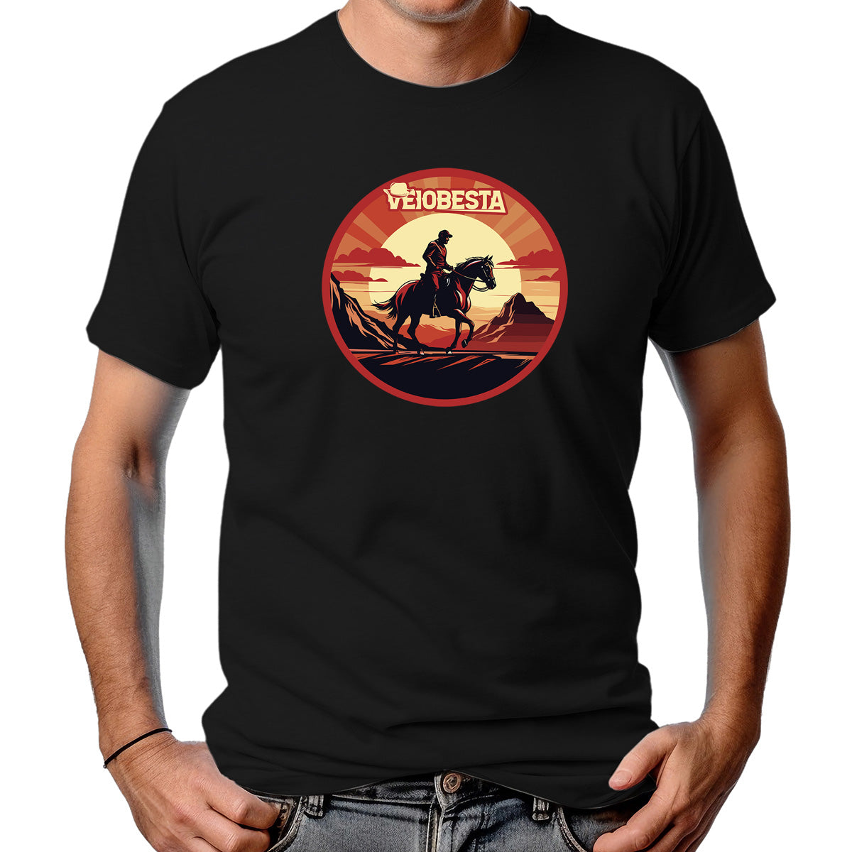 CAMISETA MASCULINA CAVALO NO POR DO SOL
