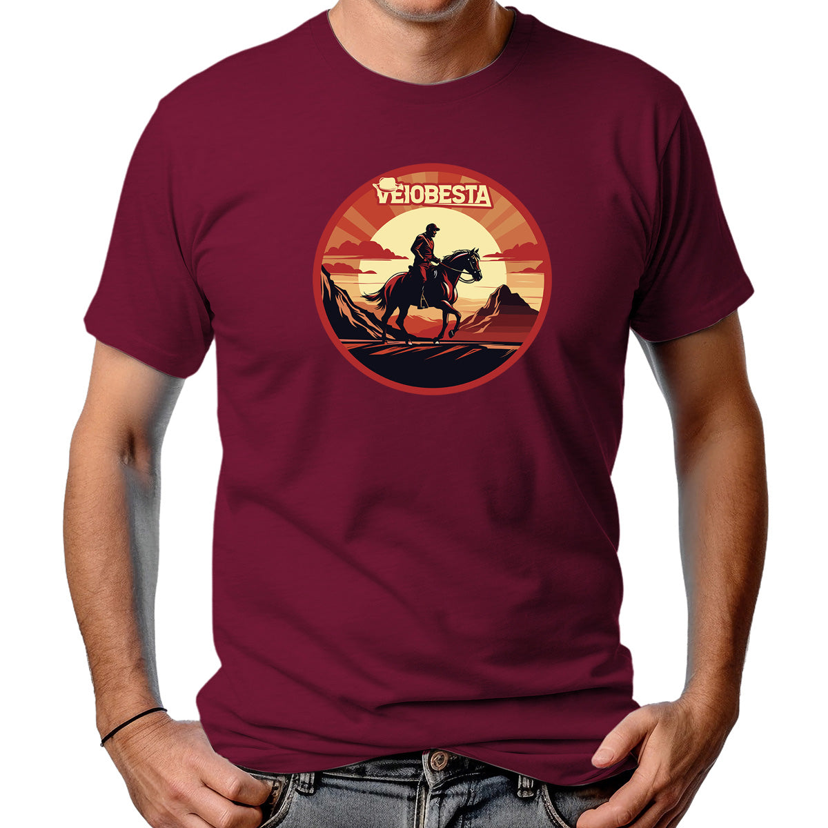 CAMISETA MASCULINA CAVALO NO POR DO SOL